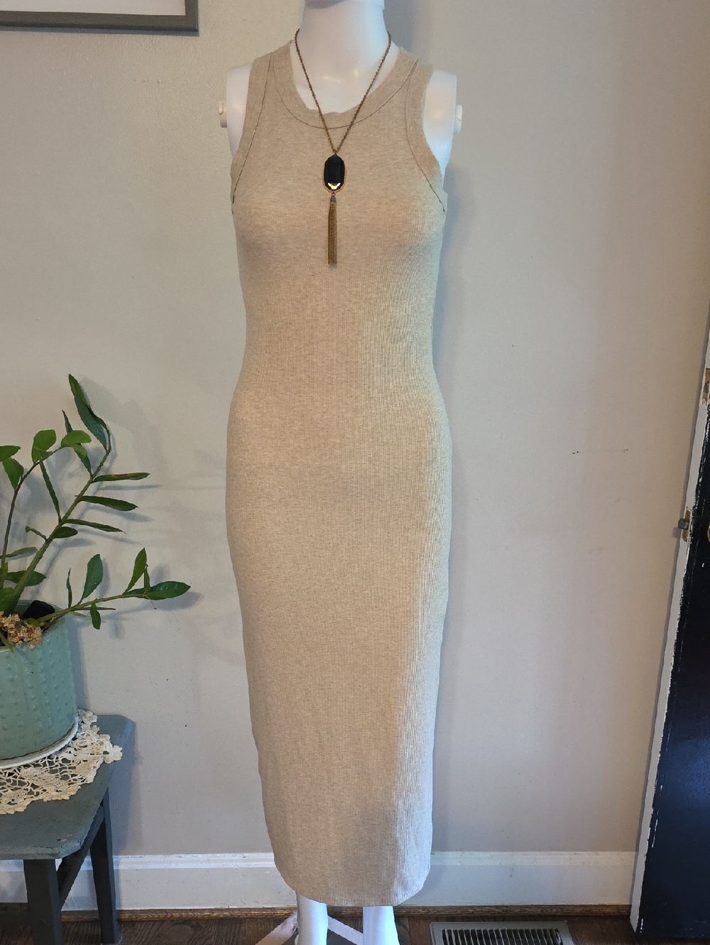 Sleeveless Ribbed Midi Dress in Beige